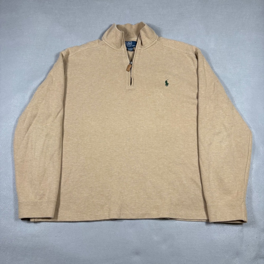 Polo Ralph Lauren Mens XL Tan Beige Quarter Zip Cotton Ribbed Pullover Sweater